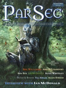 The cover of ParSec issue 11 features a chrome robot reading Alice's Adventures in Wonderland while sat on the grass under a tree. Red admiral butterflies fly around them.