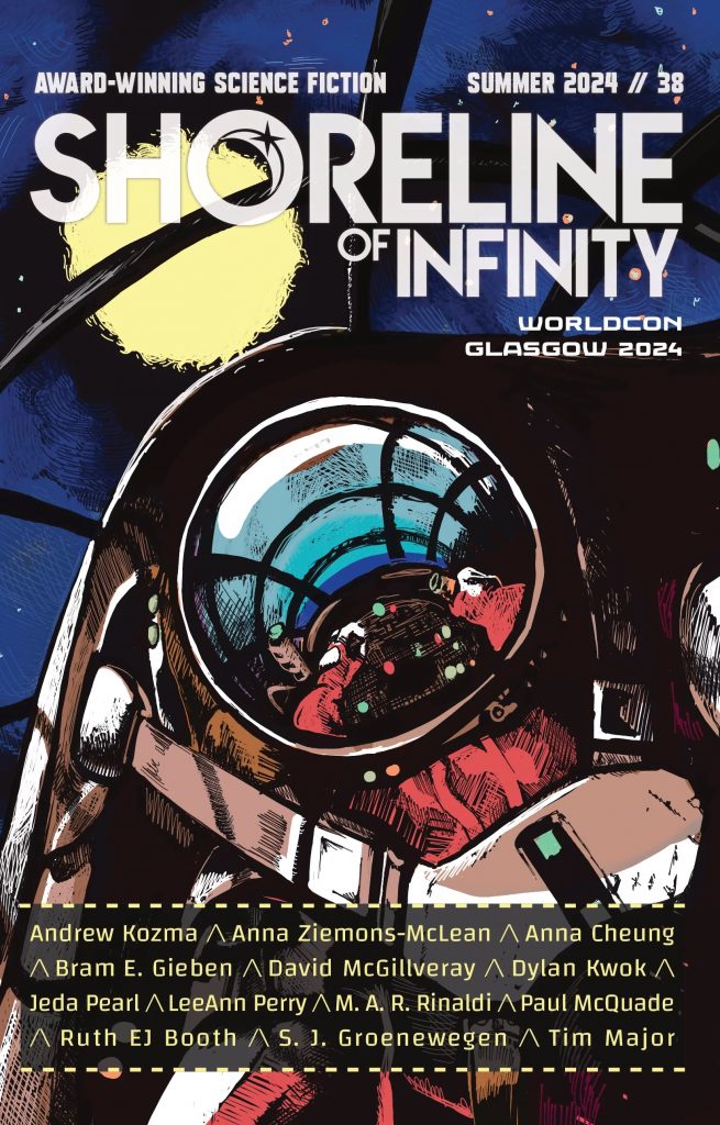 Shoreline of Infinity Issue 38: Worldcon Glasgow 2024 cover. A spaceman in the cockpit of a spaceship with the hands and steering wheel reflected in his helmet.