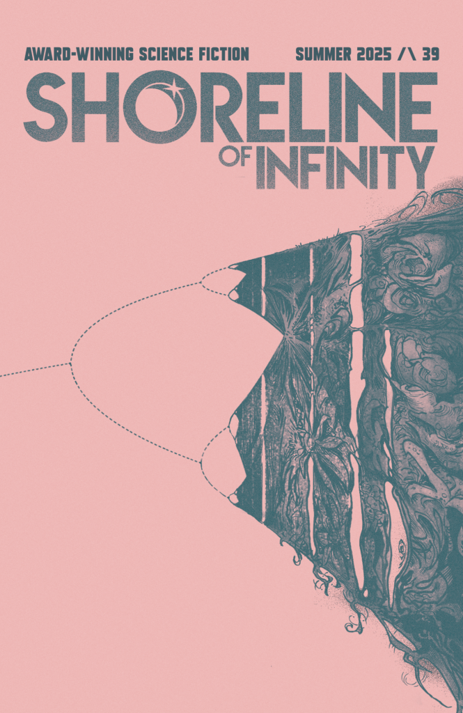 Shoreline of Infinity 39 cover by Vincent Kings. An abstract piece of dark green lines on a light pink background, resembling a mountain on its side made of organic shapes resembling flowers and other organic matter.